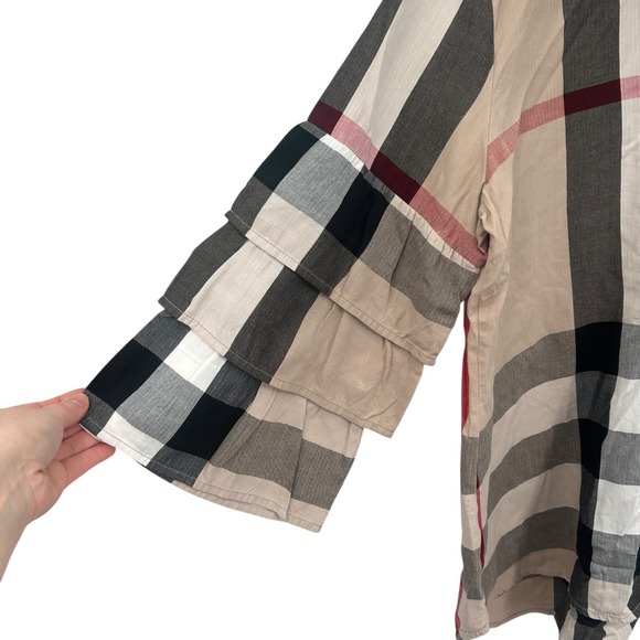 Plaid Ruffle Sleeve Blouse L Cotton Boho Casual Relaxed Artsy Earthy - Picture 2 of 9